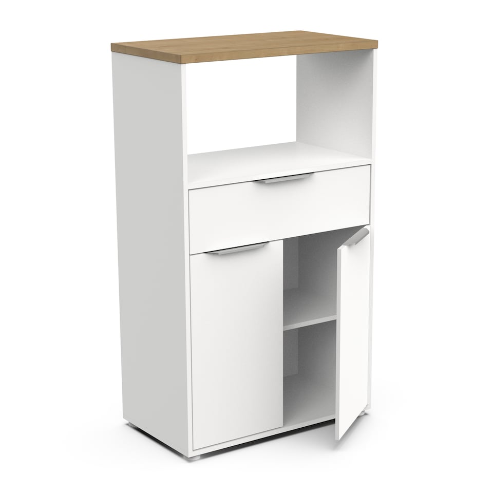 image 1 of FURNICOMP Luna Tall Freestanding Kitchen Pantry Cupboard with Microwave Shelf - Matt White & Hamilton Oak
