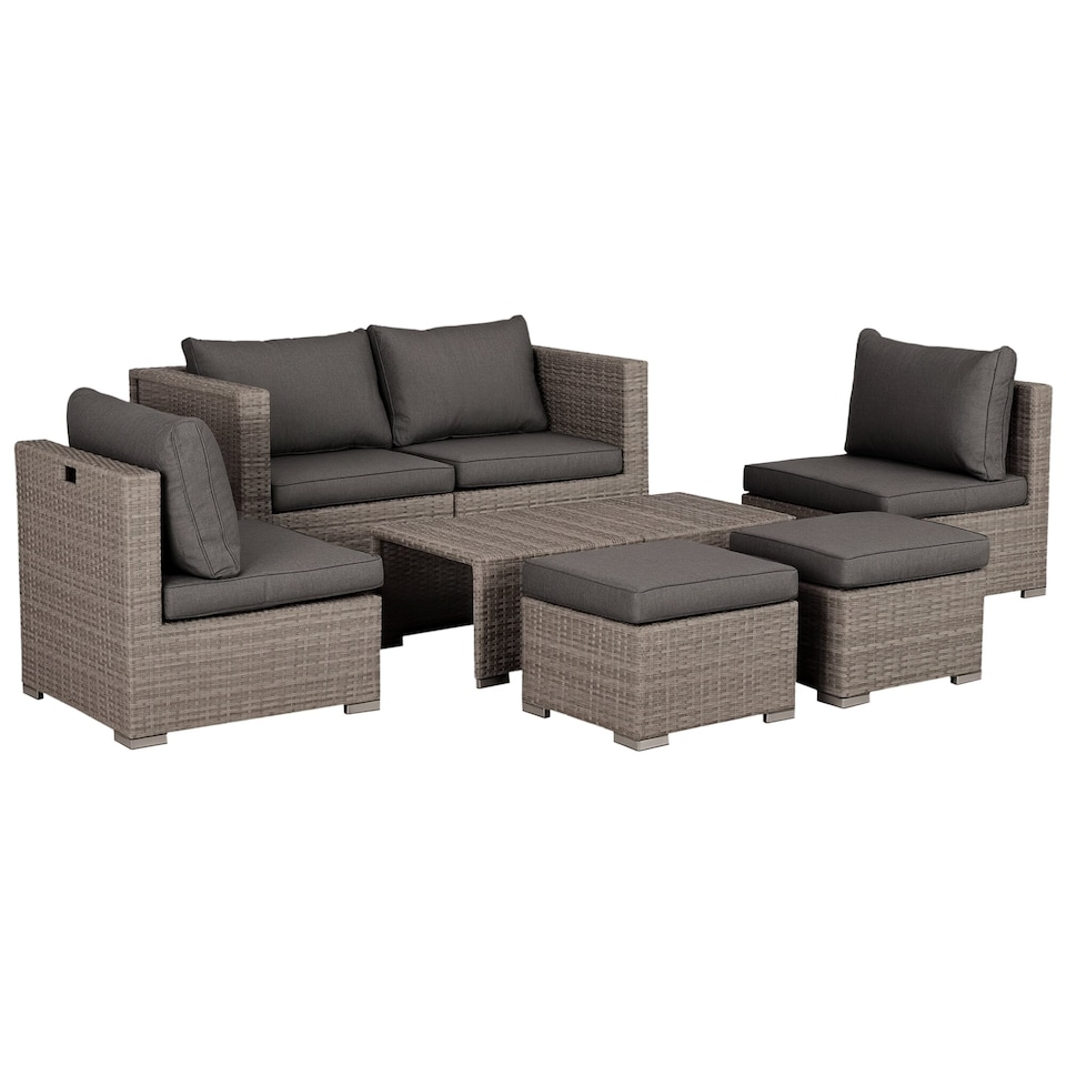 image 1 of Outsunny 8 Pieces Rattan Garden Furniture Set, Garden Corner Sofa Set with 4 Chairs, 2 Footstools, 2 Coffee Tables and Cushions, Space-Saving Design, No Assembly Required, Grey