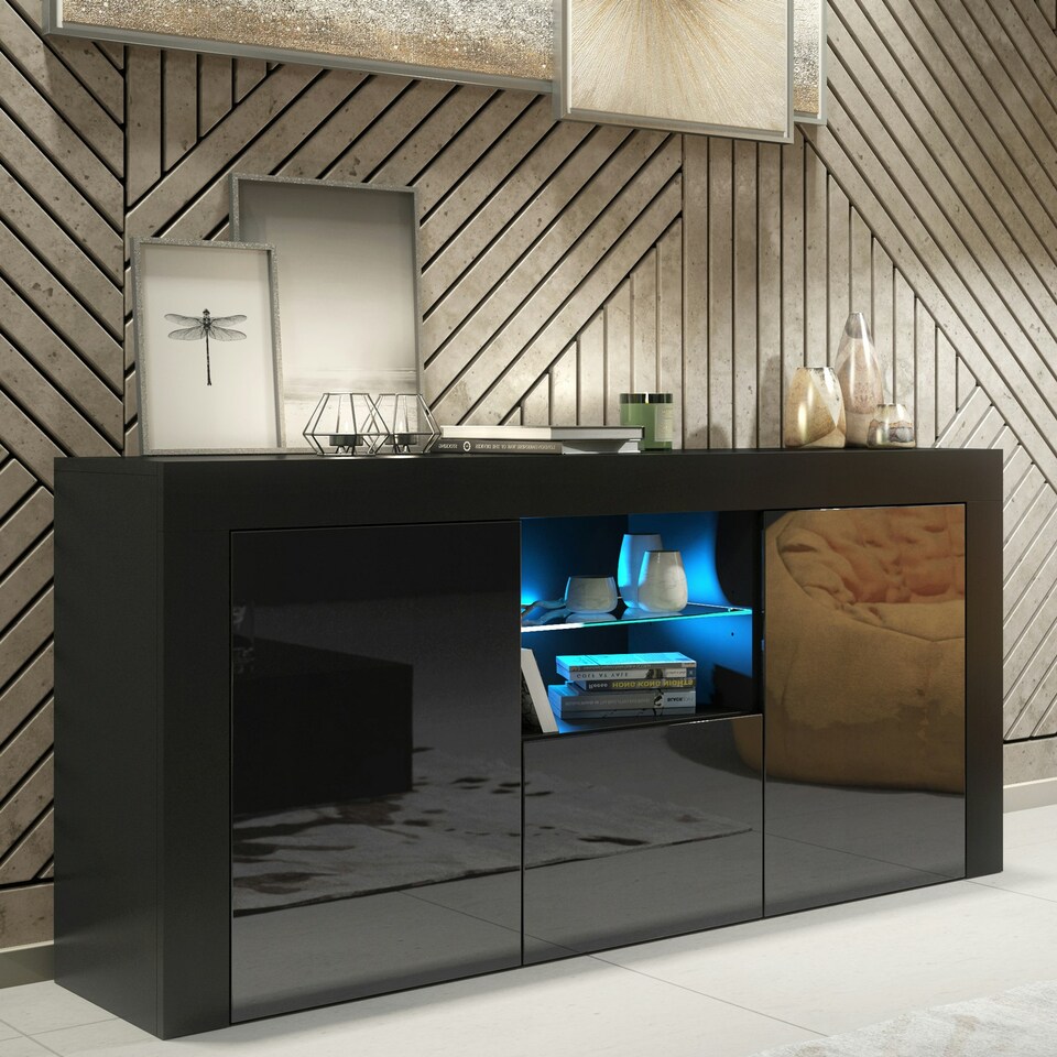 image 1 of Black TV Unit 145cm Gloss Doors Free LED Modern Media Cabinet Black