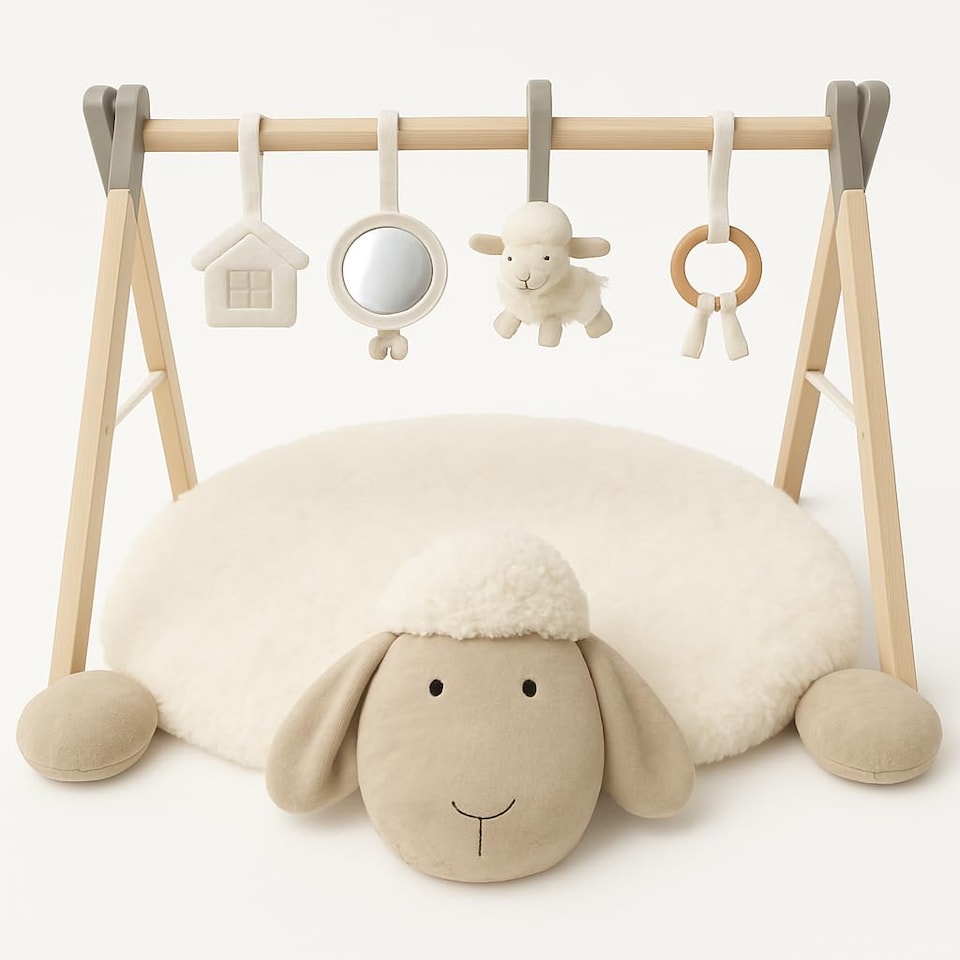 image 1 of BooBoo Baby EWE & ME Play Mat Baby Gym | Wooden Activity Tummy Time Playmat | Ewe & Me Super Soft Sheep Design | x4 Detachable Sensory Toys
