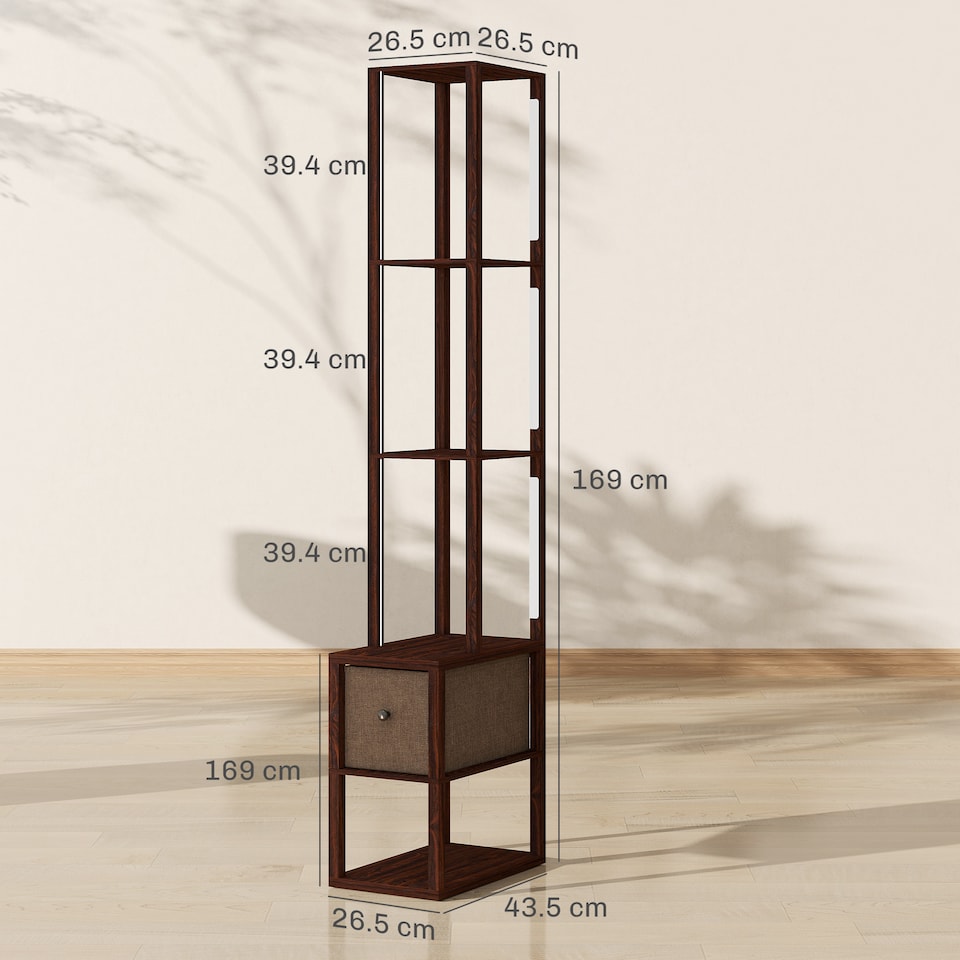image 1 of HOMCOM Floor Lamp with Shelves, LED Column Modern Standing Lamp with Fabric Drawer, Adjustable Brightness, Foot Switch for Living Room, Bedroom, Office, Dark Brown | Brown