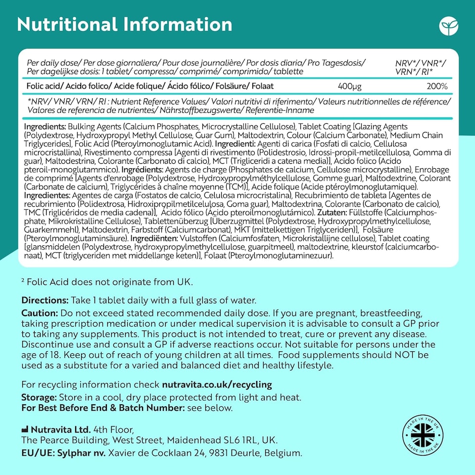 image 1 of Nutravita Folic Acid Tablets 400 mcg - Pregnancy Care - Normal Function of Immune System & Maternal Tissue Growth - 400 Vegan Vitamin B9 Tablets
