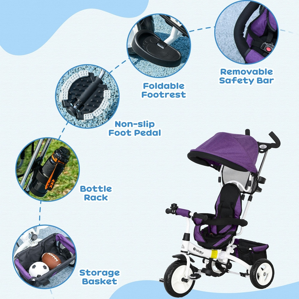 image 1 of HOMCOM 6 in 1 Kids Trike, Stroller with Parent Handle, Purple