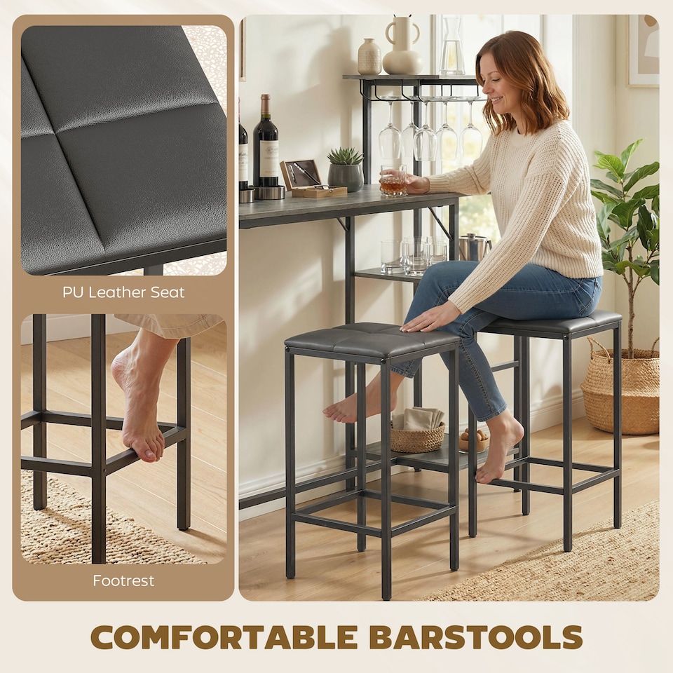 image 1 of HOMCOM 3Pcs Breakfast Bar Table and Stools Set 4-tier shelving | Black | Grey, Black | Table: 122W x 39.5D x 122.3H cm; Stool: 30.5W x 30.5D x 60H cm