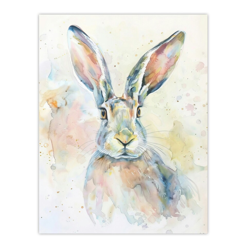 image 1 of Colourful Bunny Rabbit Light Watercolour Living Room Black Framed Wall Art Print A4