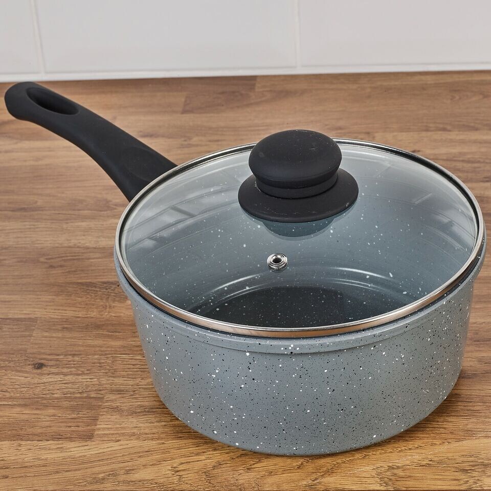 image 1 of Set of 5 Marble Grey Saucepan & Fryingpan