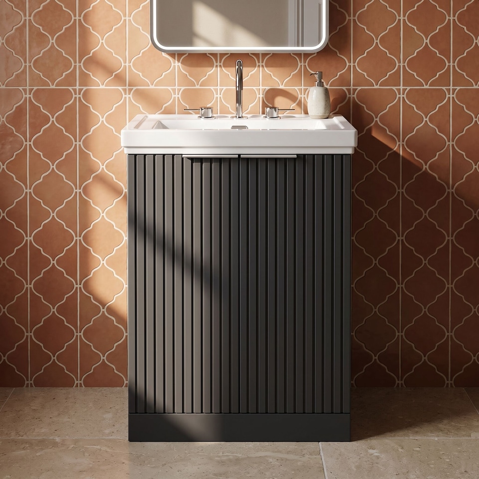 image 1 of Balterley Callingwood Contemporary Floor Standing 2 Door Vanity Unit with Traditional 3 Tap Hole Fireclay Basin , 600mm, Dark Grey