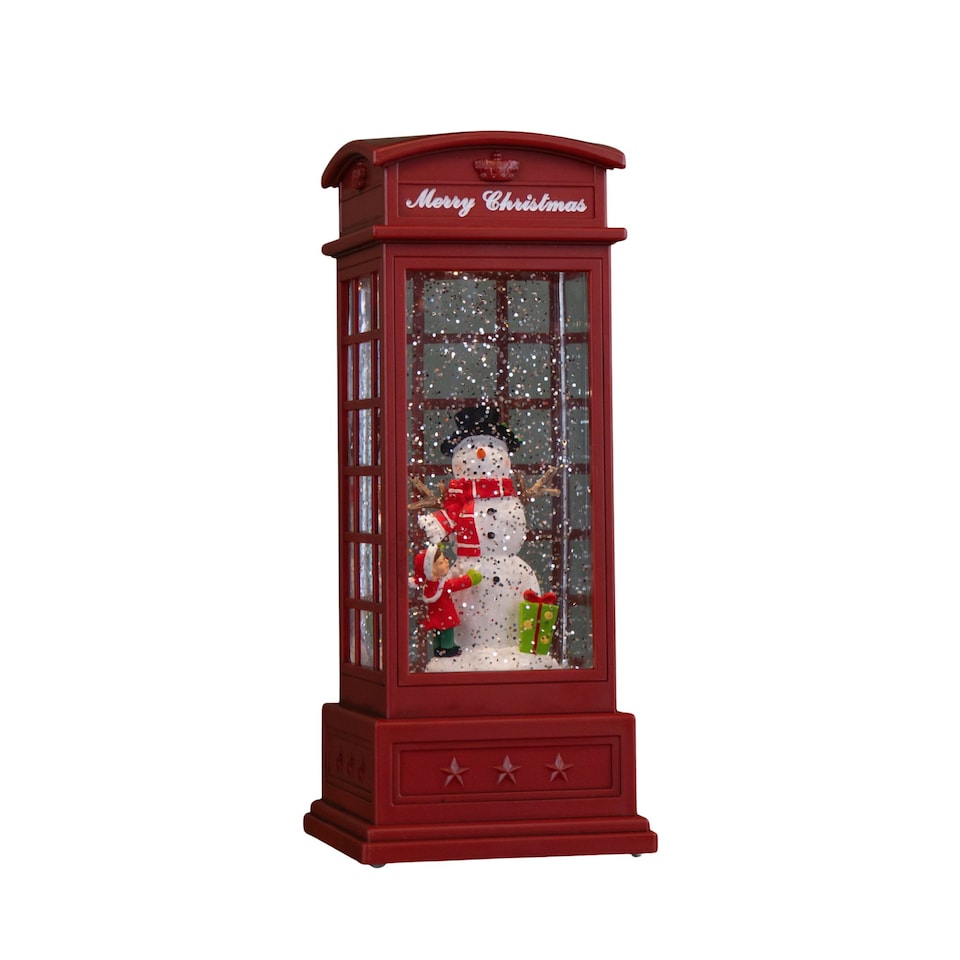 image 1 of 25cm Battery Operated Light up Christmas Phone Box Water Spinner with Snowman Scene & LEDs