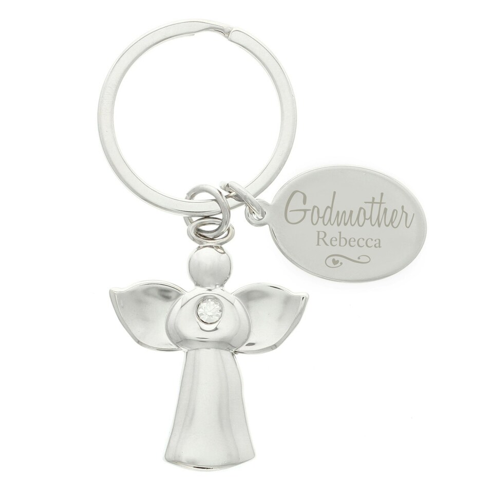 image 1 of Personalised Silver Plated Swirls & Hearts Godmother Angel Keyring