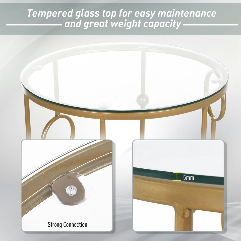 image 1 of HOMCOM Set of 2 Nesting Coffee Table, Side Tables with Glass Top, Gold Tone Gold