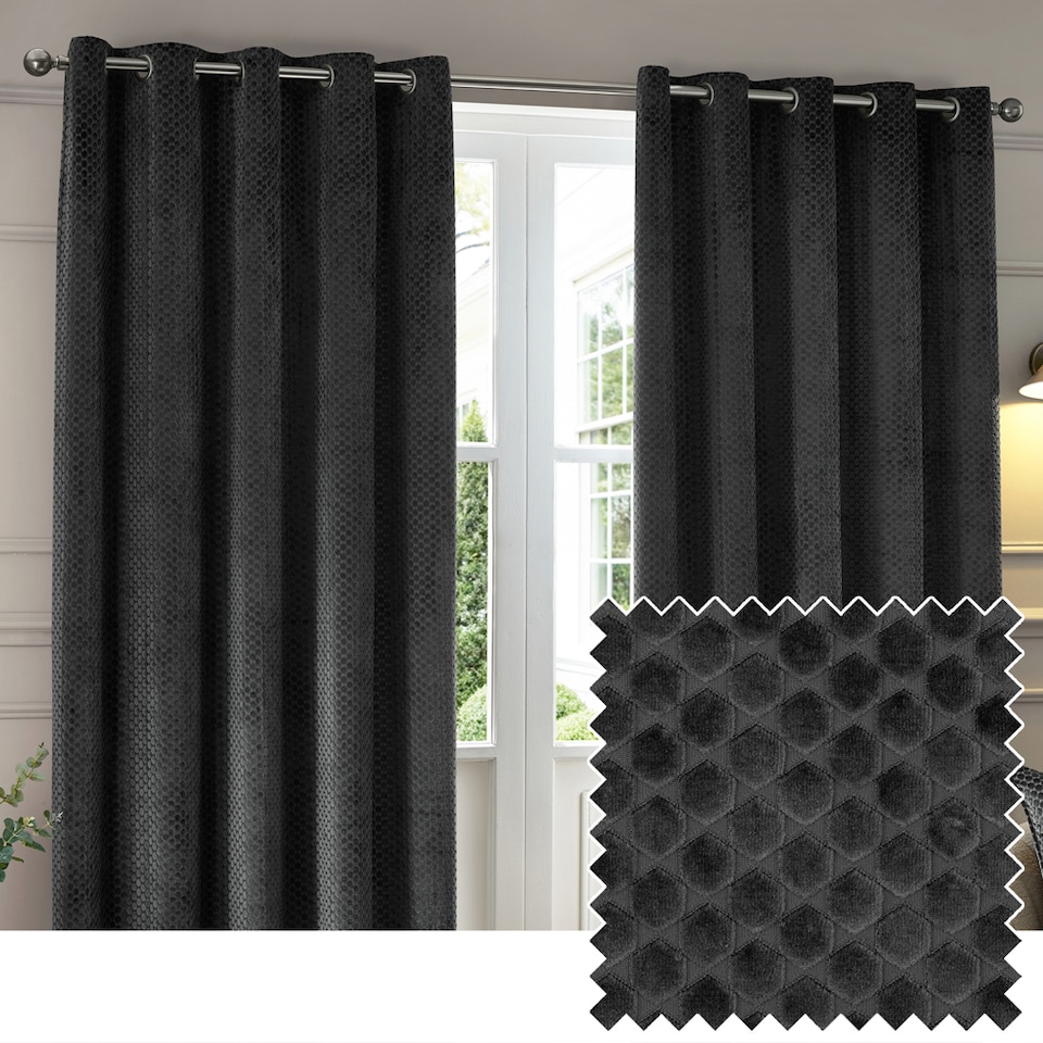 image 1 of Paoletti Neptune Fully Lined Velvet Eyelet Curtain Pair, 229cm width x 183cm drop | Grey | Charcoal | 1