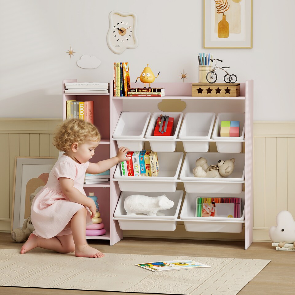 image 1 of AIYAPLAY Toy Storage Unit, with 8 Removable Bins, Storage Shelves, Cabinet, Toy Organiser, for Playroom, Kids Room, Nursery, Pink