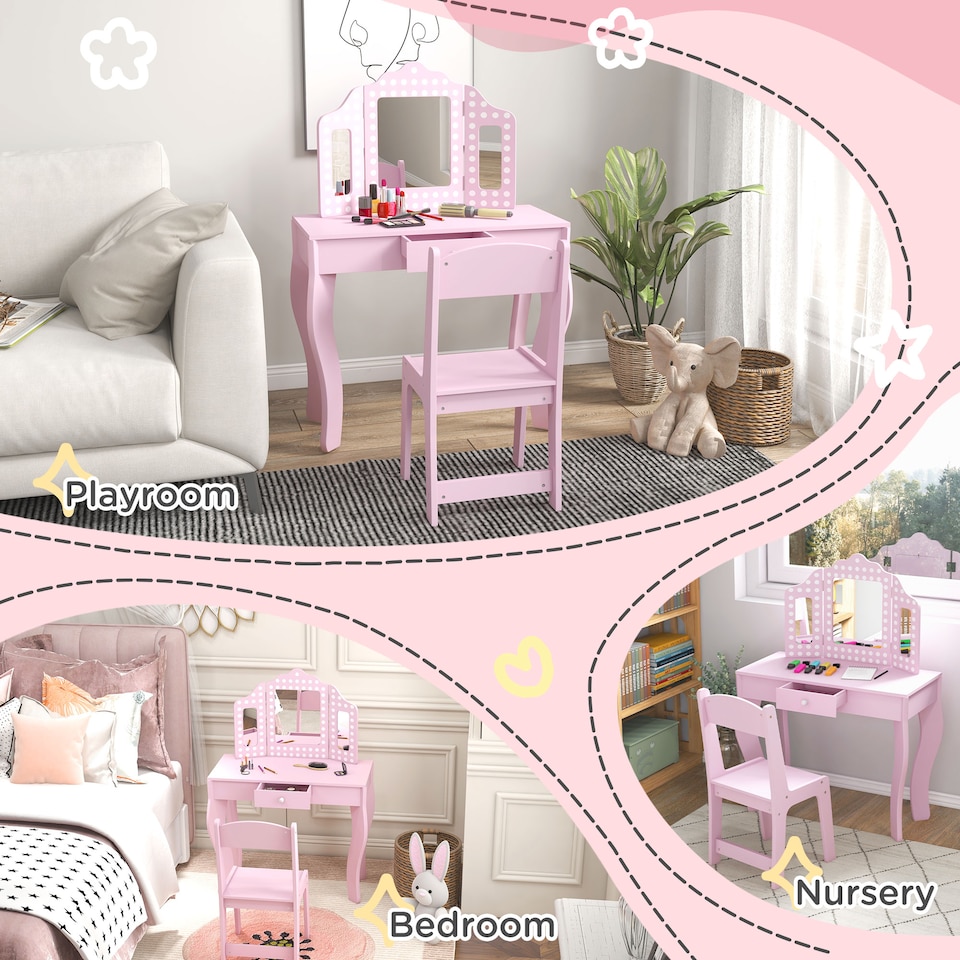 image 1 of AIYAPLAY Kids Dressing Table Set Make up w Stool, Drawer, for Playroom | Pink