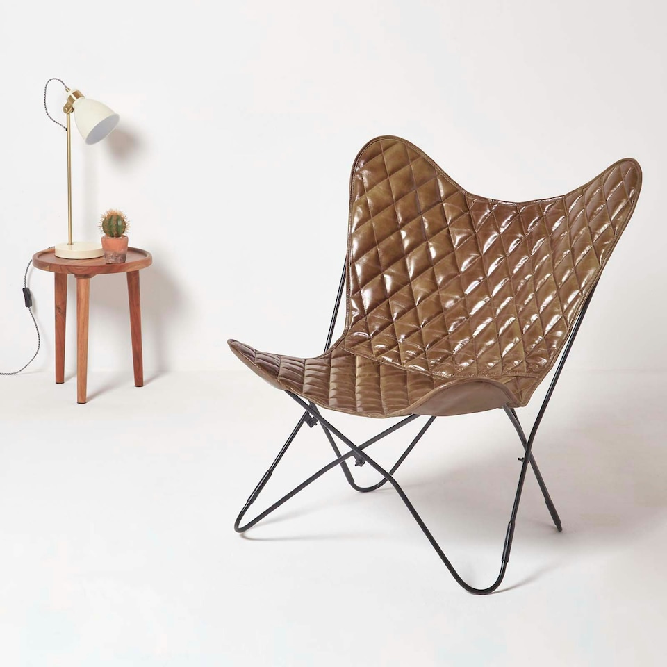 image 1 of Homescapes Brown Leather Diamond Butterfly Chair Brown