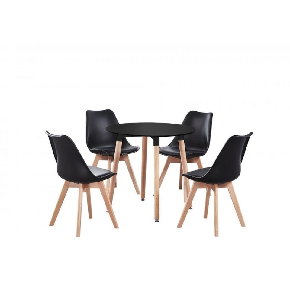 image 1 of 5PCs Dining Set - a Black Round Dining Table & Set of 4 White Lorenzo Tulip chairs with Padded Seat | Black