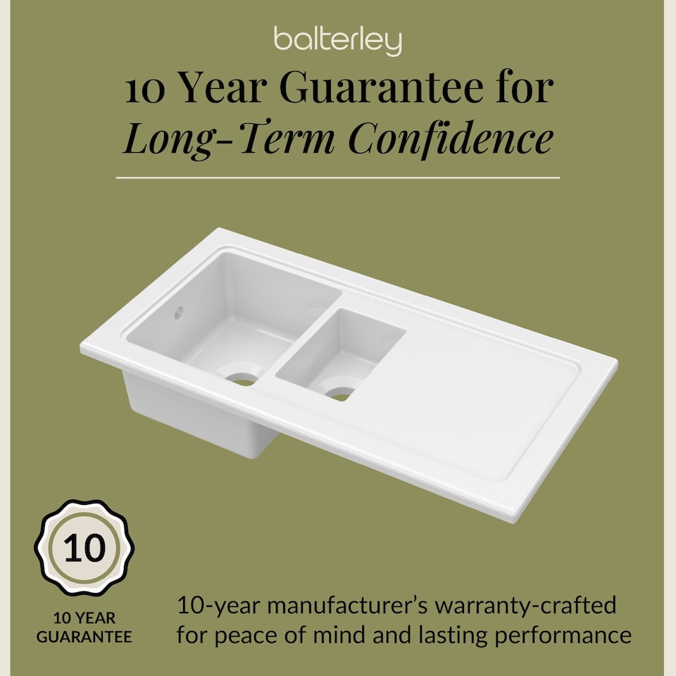 image 1 of Balterley 101cm Inset Counter Top 1.5 Bowl Fireclay Ceramic Kitchen Sink with Plain Drainer | White | White | 1