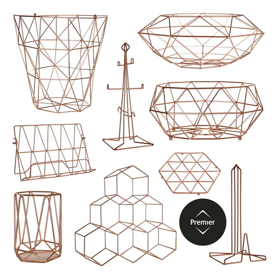 image 1 of Geometric Copper Finish Wide Fruit Basket, Functional Design Unique Fruit Basket, Contemporary Fruit Basket Multi