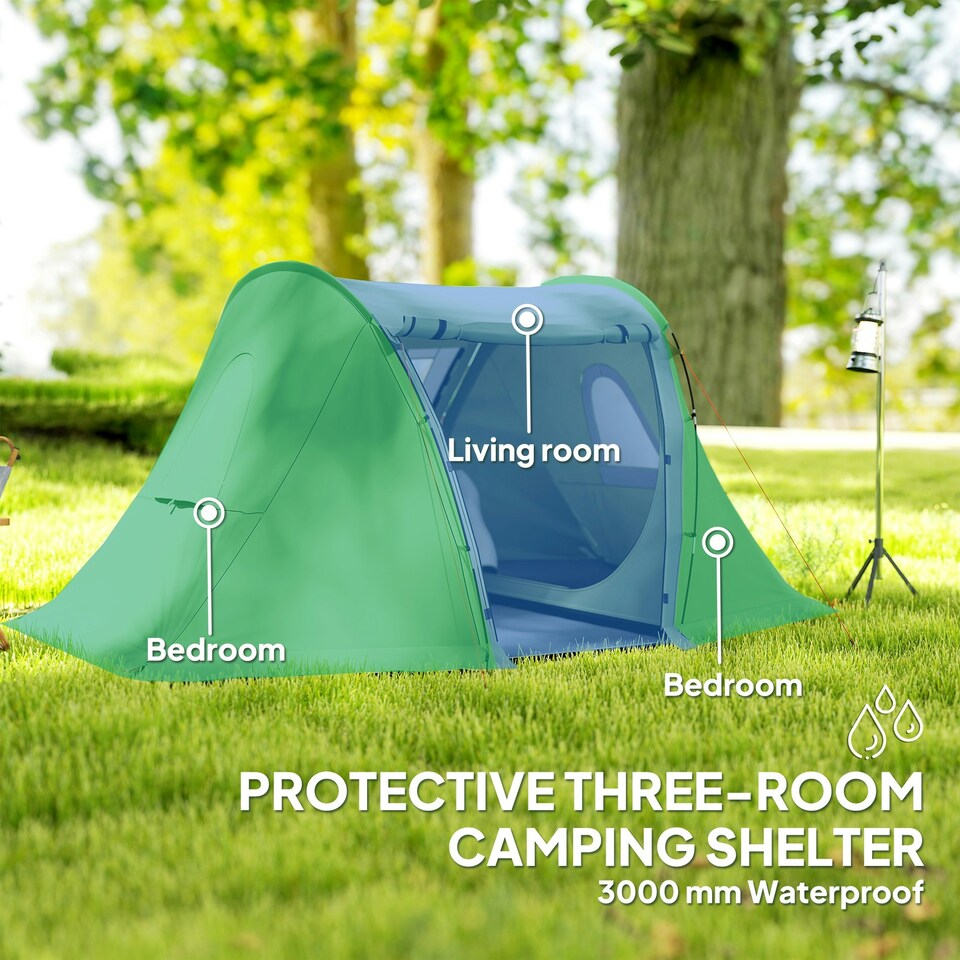 image 1 of Outsunny 3 Man Camping Tent with 2 Bedrooms, 3000mm Waterproof, Grey Green | Green