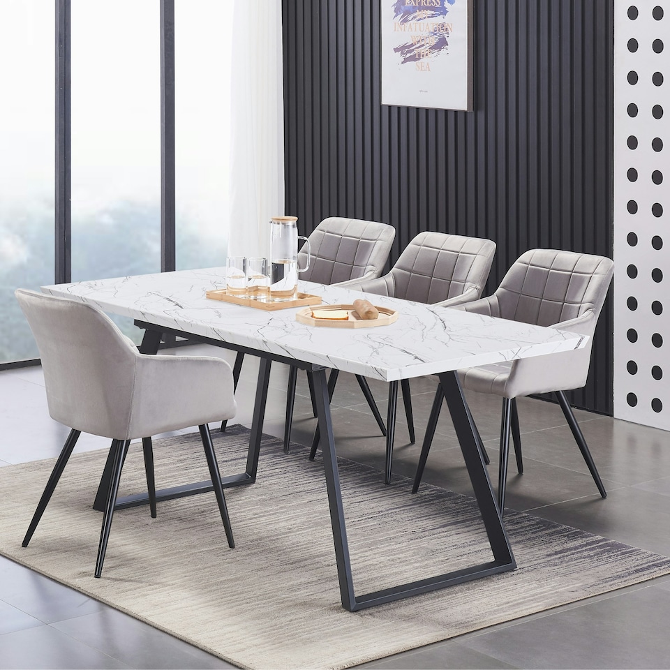 image 1 of Set of 6 Camden Modern Velvet Dining Chairs with Armrests, Quilted Design & Black Metal Legs Grey | Light Grey