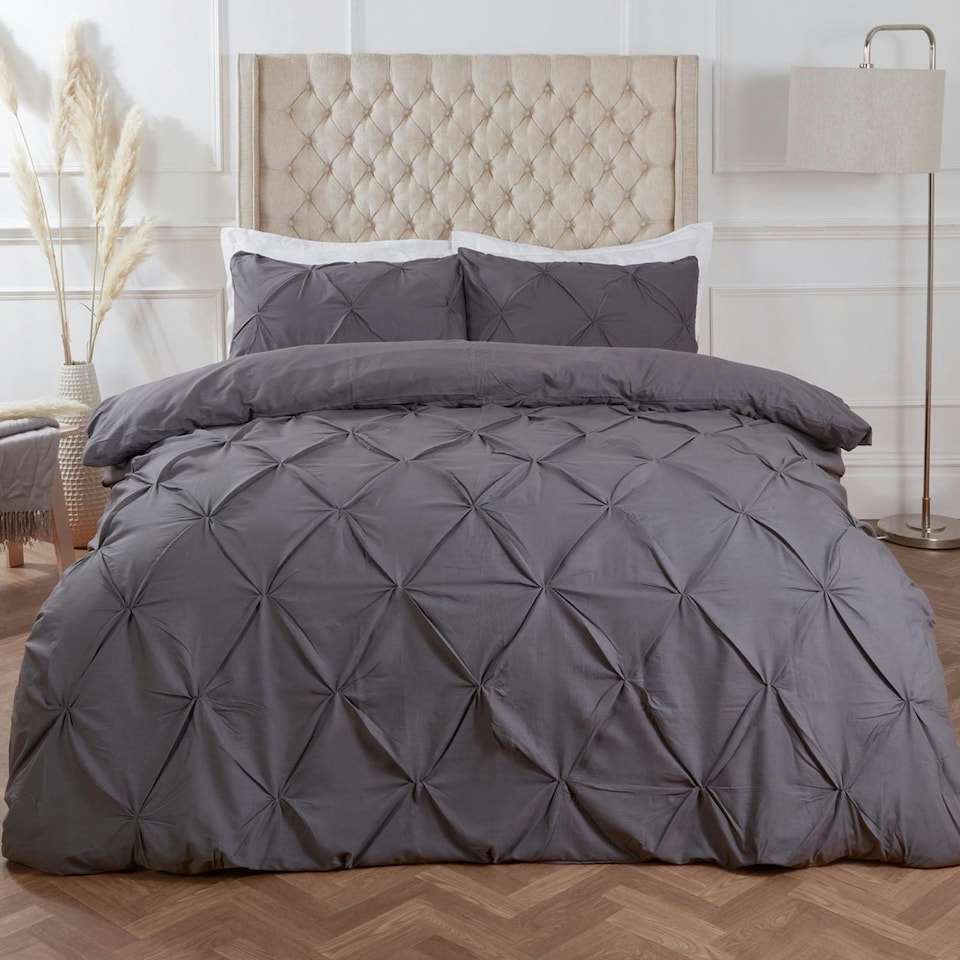 image 1 of OHS Pinch Pleat Diamond Pintuck Duvet Cover and Pillowcase Set, King - Charcoal