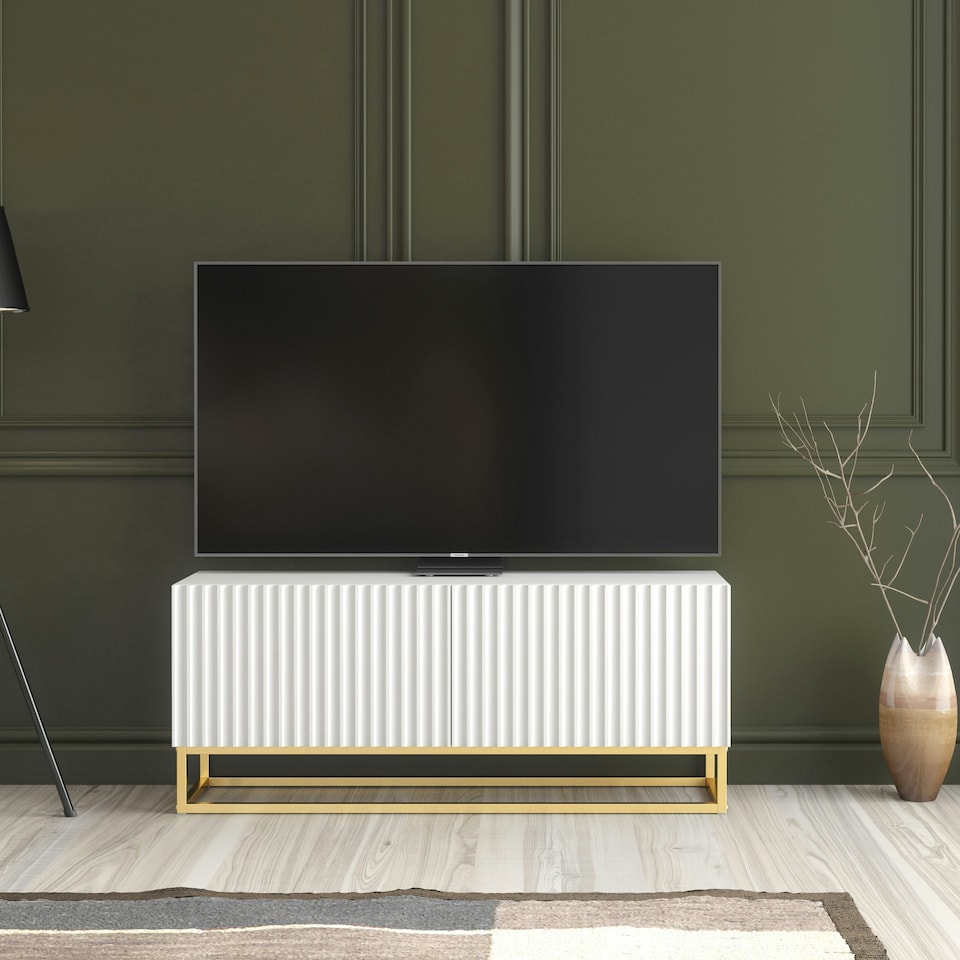 image 1 of TV Unit 100cm White Matt with Fluted Fronts and Gold Legs White