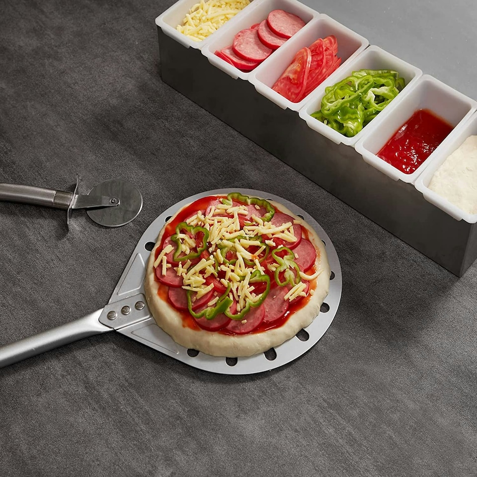 image 1 of Pizza Peel Paddle 9" 23cm Aluminium Round Perforated Oven Adjustable Detachable