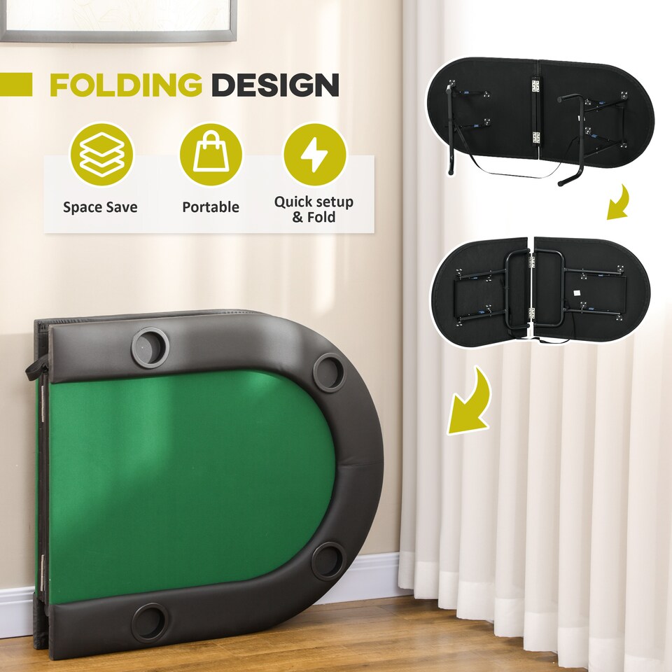 image 1 of HOMCOM 8 Player Folding Poker Table, Oval Portable Blackjack Casino Table with Cup Holder, Felt Top and Metal Base, 183 x 82 x 75cm, Green and Black