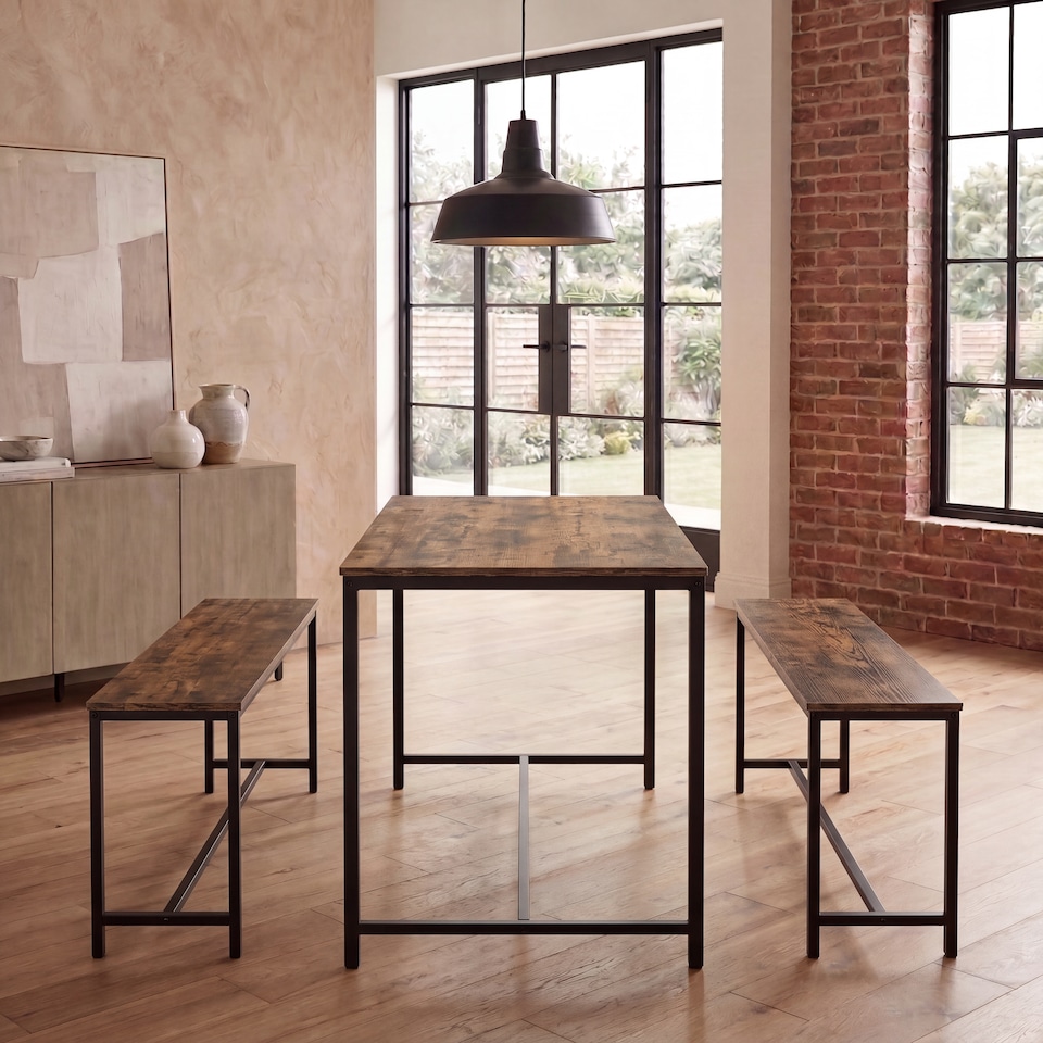 image 1 of Vida Designs Brooklyn 4 Seater Dining Set 3 Piece Table & Bench Set, Dark Wood