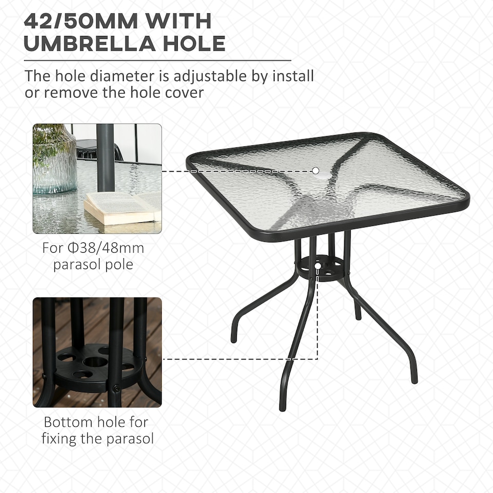 image 1 of Outsunny 76 cm Square Dining Table with Parasol Hole, Outdoor Coffee End Side Table with Tempered Glass Top, Steel Frame for Garden, Patio, Black