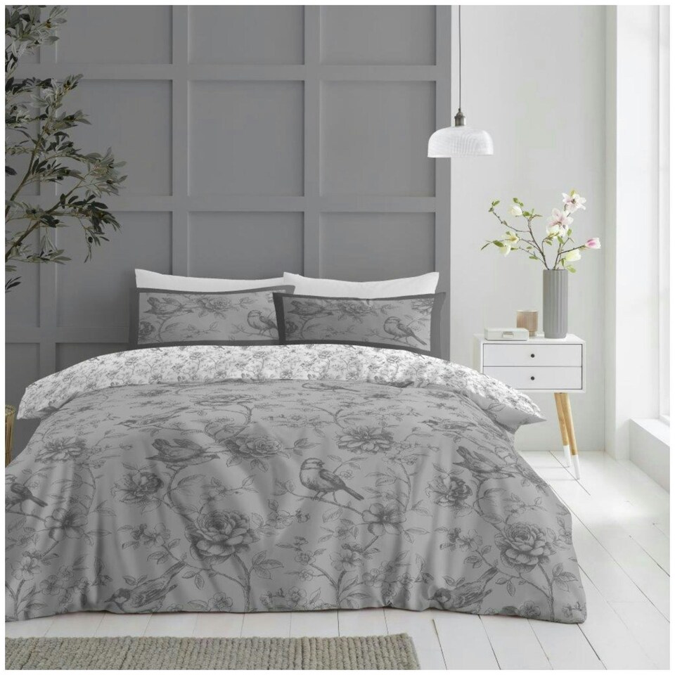 image 1 of VELVETIO Rosa Complete Duvet Cover Set with Fitted Sheet Soft Polycotton Bedding Sets Grey | King