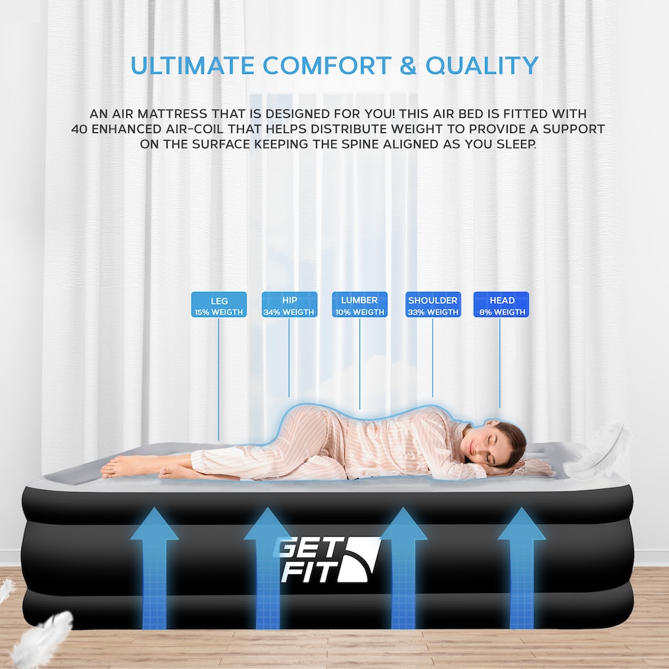 image 1 of Get Fit Air Bed With Built In Electric Pump - Premium King Size - Blow Up Bed With 2 X Free Pillows - Elevated Inflatable Air Mattress | Black | Black / Grey | 1