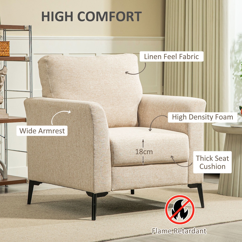 image 1 of HOMCOM Modern Armchair, Upholstered Linen Fabric Accent Chair with Metal Legs, Wood Frame and Thick Padded Cushion for Living Room Bedroom Office, Beige