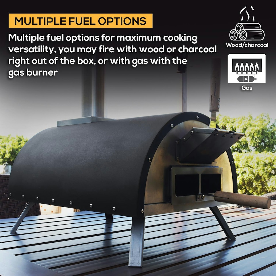 image 1 of Haven Gas & Wood Fuel Pizza Oven Built-in Thermometer & Pizza Paddle - Black/Silver