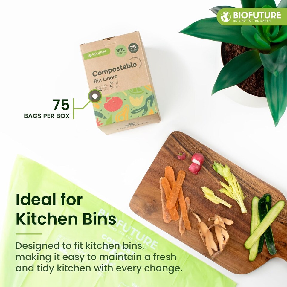 image 1 of Biofuture 30L x 75 Compostable Bin Liners | Home Compostable & Council Approved | Fits 29-31L Kerbside Food & Compost Bins | EN13432 Certified & TUV Certified