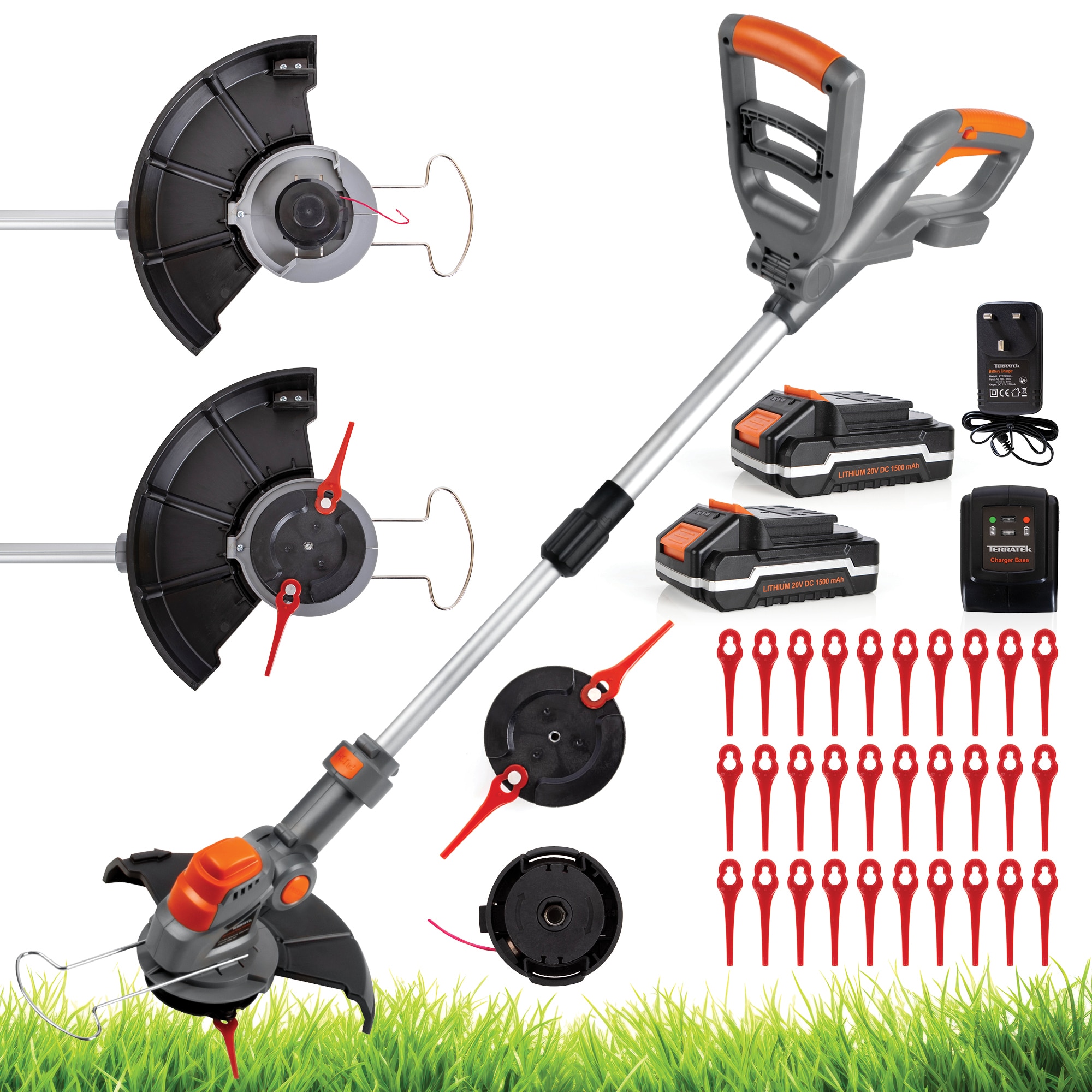 Terratek 20V 2 in 1 Electric Cordless Grass Strimmer Garden Grass Cutter Trimmer 2 Batteries & 32 Blades & Spool Included