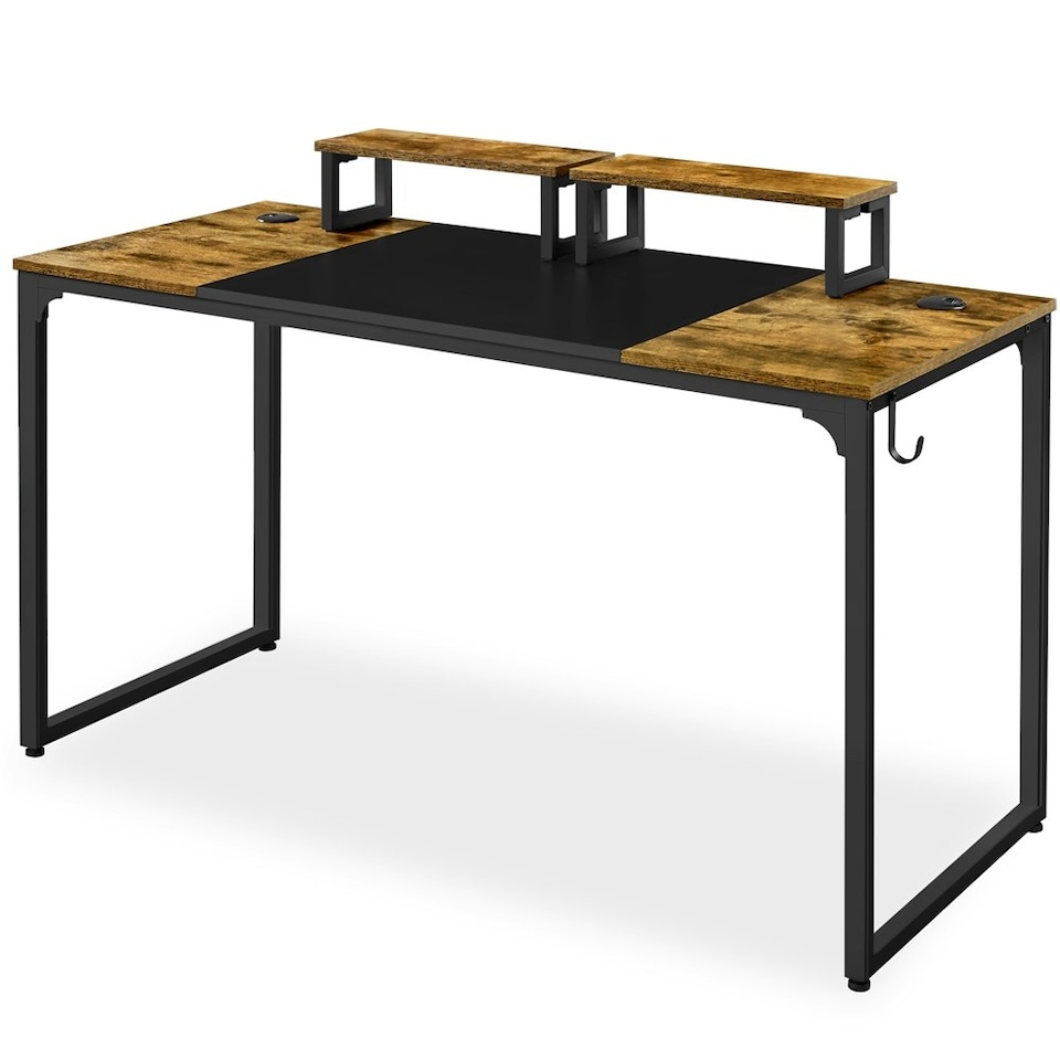 image 1 of Yaheetech Large Computer Desk with Movable Monitor Stands Brown | Rustic Brown