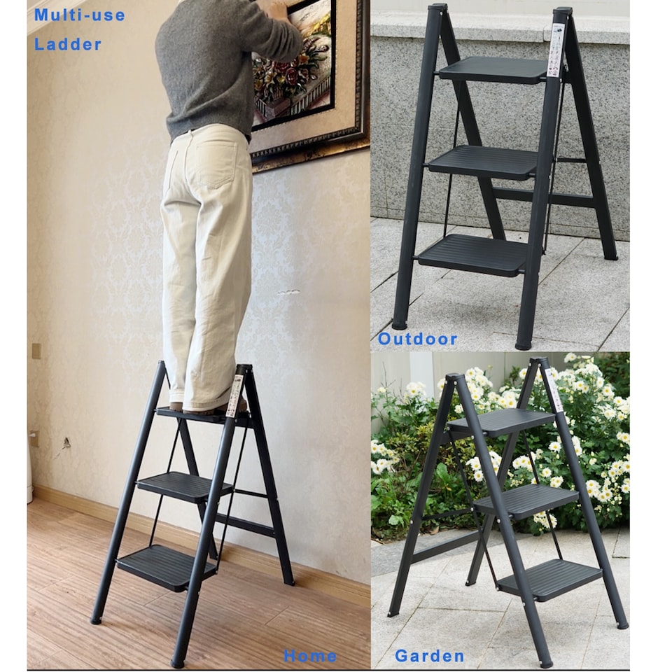 image 1 of Gr8 Home 3 Step Ladder Black Folding Stool Non Slip Heavy Duty Carbon Steel Lightweight