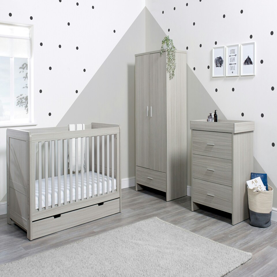 image 1 of Pembrey 3 Piece Furniture - Cot Bed, Changing Unit, Wardrobe & Premium Sprung Mattress, Suitable from Birth to 4 Years (Ash Grey)