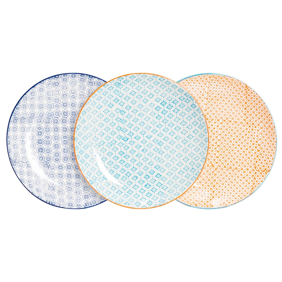 image 1 of Nicola Spring Hand-Printed Dinner Plates - 25.5cm - 3 Colours - Pack of 6 | Multi | Multi