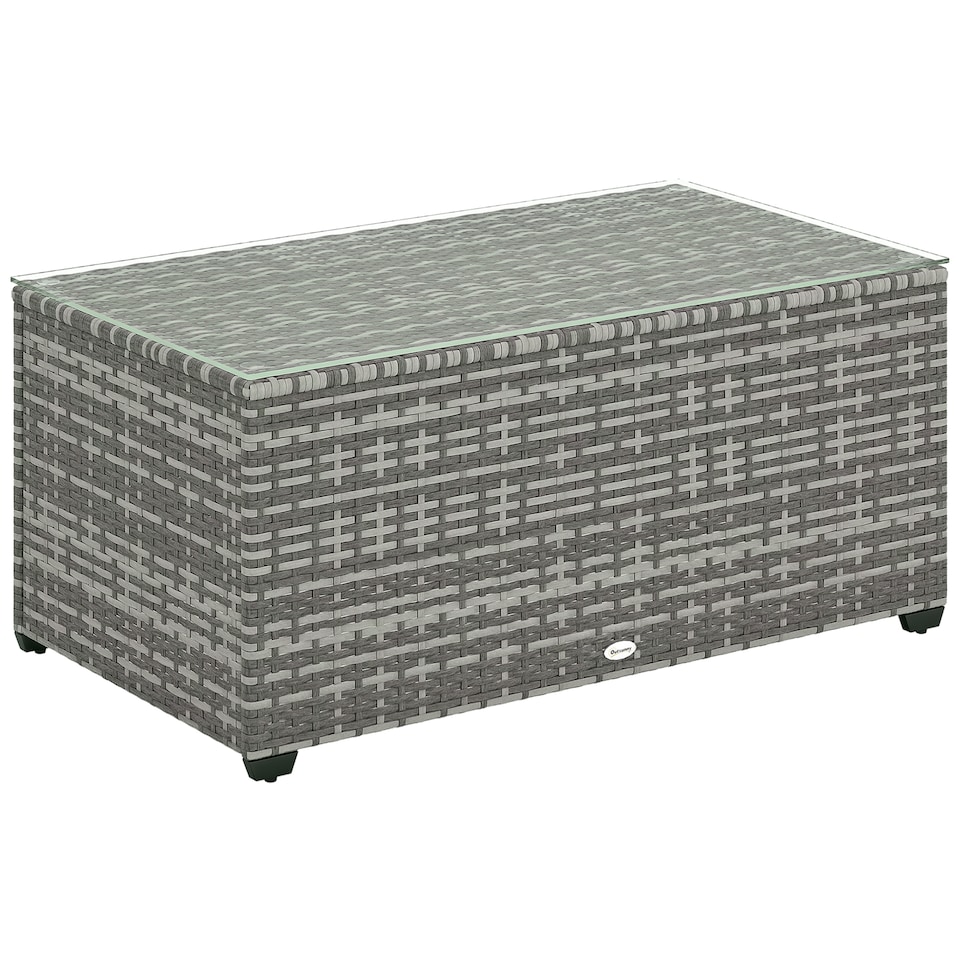 image 1 of Outsunny Outdoor Coffee Table, Glass Top Rattan Side Table, Light Grey