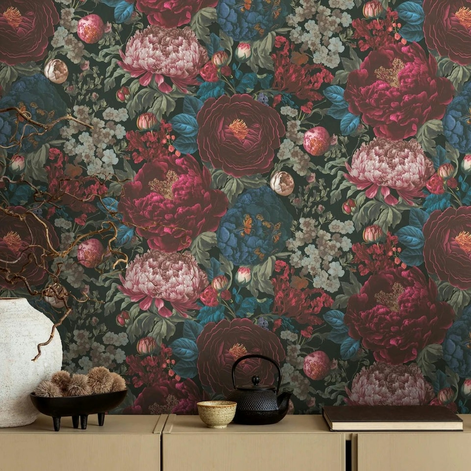 image 1 of Grand Peony Garden Wallpaper in Burgundy and Blue Blue