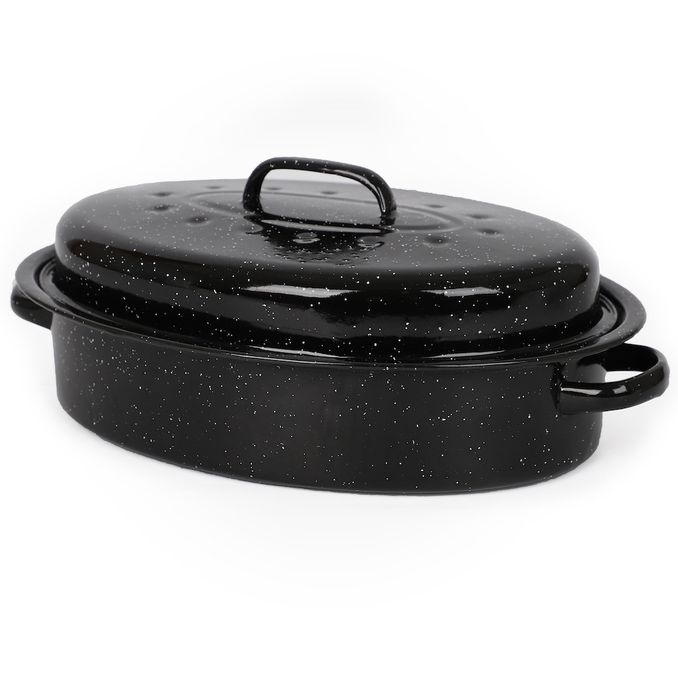 image 1 of VonShef Enamel Roaster with Lid, Self-Basting, Non-Stick Steel Roasting Tin