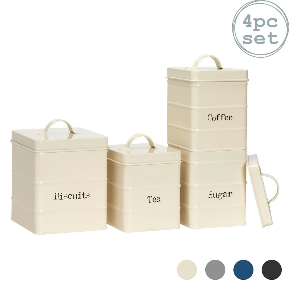 image 1 of Harbour Housewares 4 Piece Cream Vintage Metal Kitchen Canisters Set Utility Storage Utility Containers Storage Box Storage Container