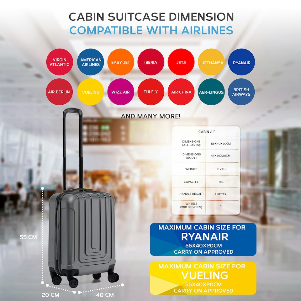 image 1 of Flight Knight Premium Hard Shell Lightweight Cabin Suitcase - 8 Wheels - TSA Lock & USB Port - 100 Airlines Approved Including Ryanair Priority - 55x40x20cm Grey | Anthracite | Cabin Bag