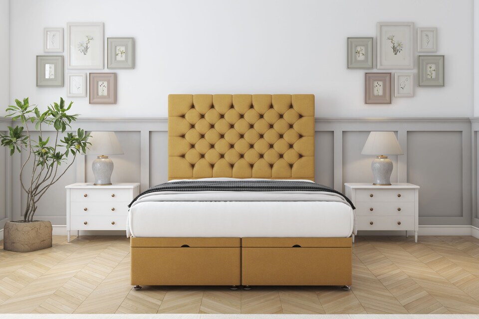 image 1 of Sloomy Mayfair Mustard Plush Ottoman Bed With Mattress With 26" Strutted Headboard 6' Super King
