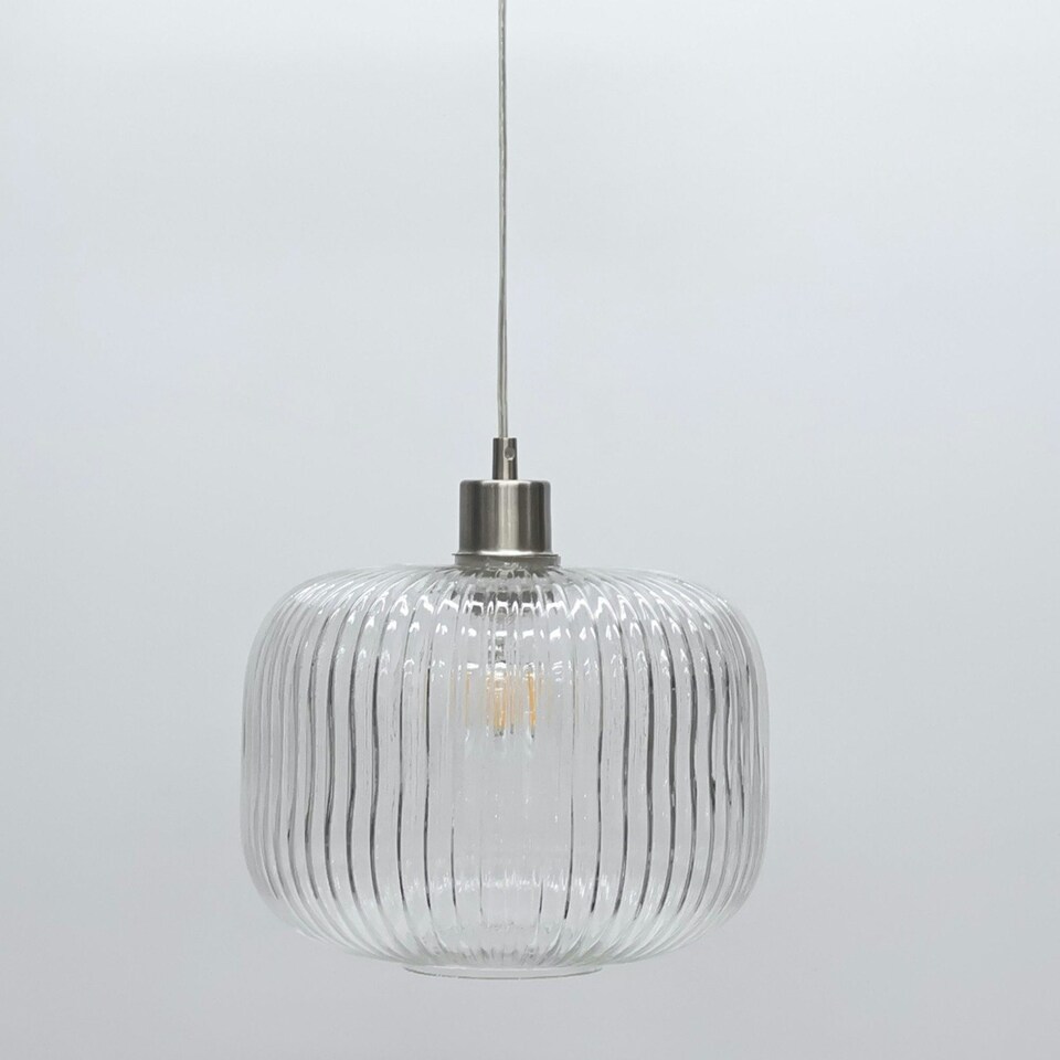 image 1 of First Choice Lighting Batley Large Clear Ribbed Glass with Satin Nickel Pendant Fitting Silver | Clear