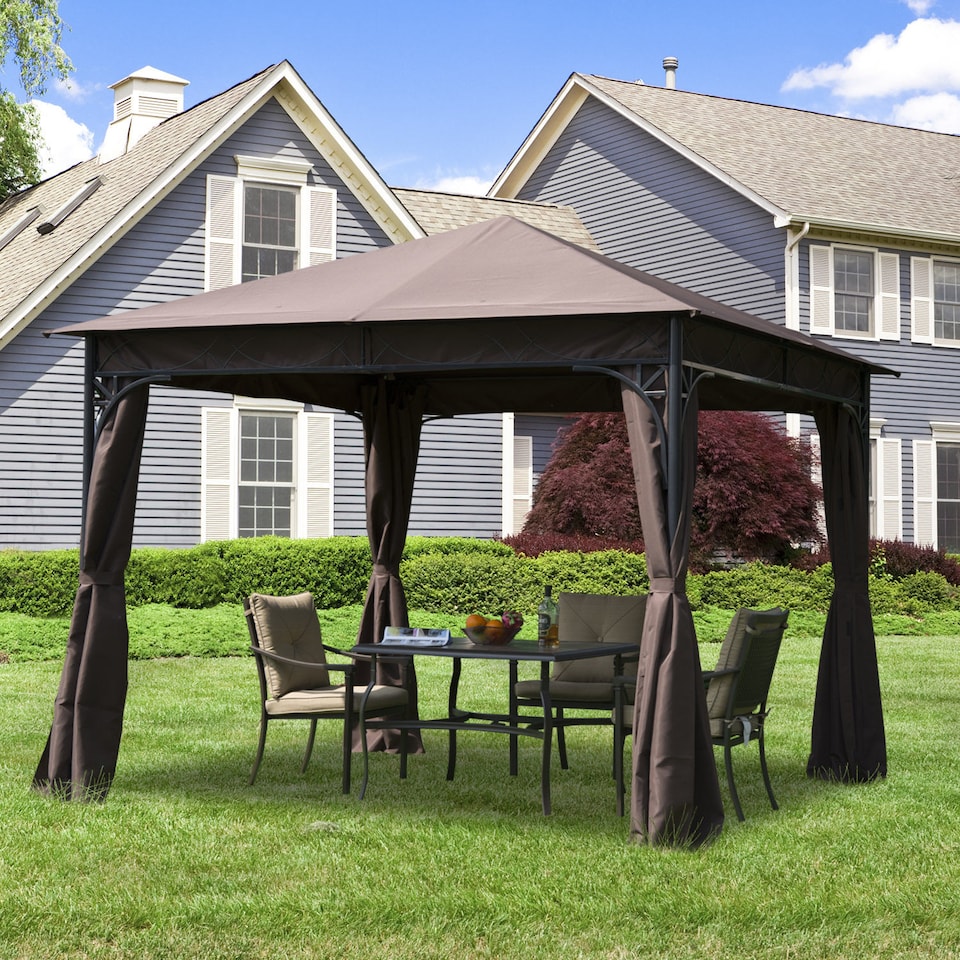image 1 of Outsunny 3 x 3m Garden Gazebo Outdoor Gazebo Canopy Shelter with Curtains and Steel Frame for Lawn Yard and Deck Coffee