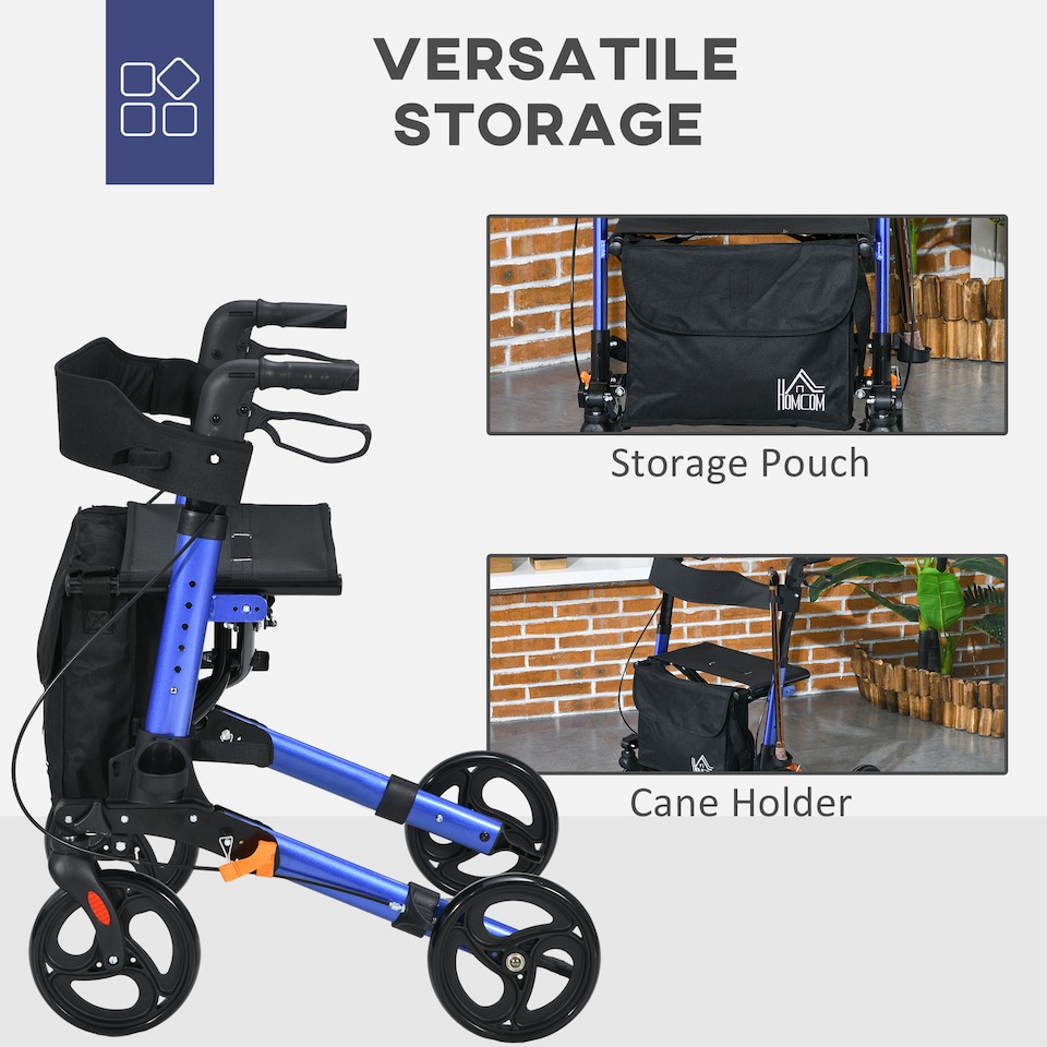 image 1 of HOMCOM 4 Wheel Rollator Walker, Mobility Walker with Bag, Seat, Blue
