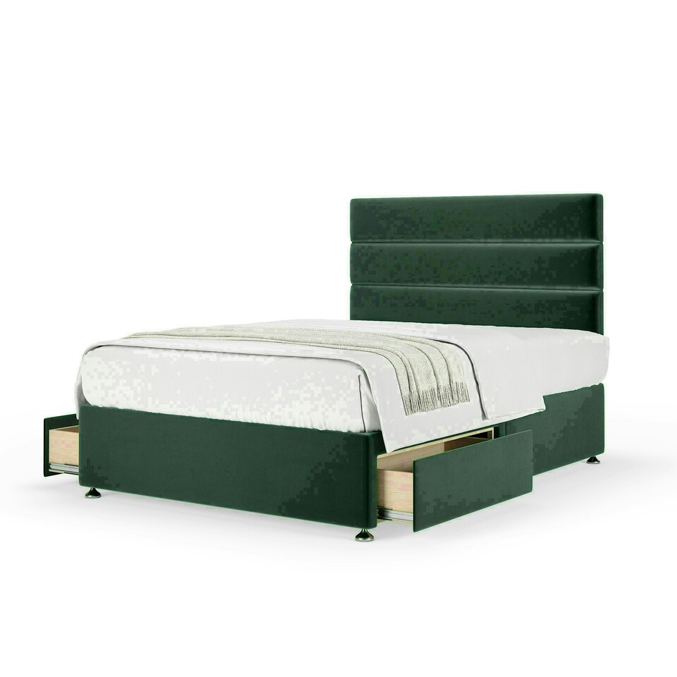 Emerald Green Plush Velvet 2 Drawer Divan Base and Milan Headboard King Size