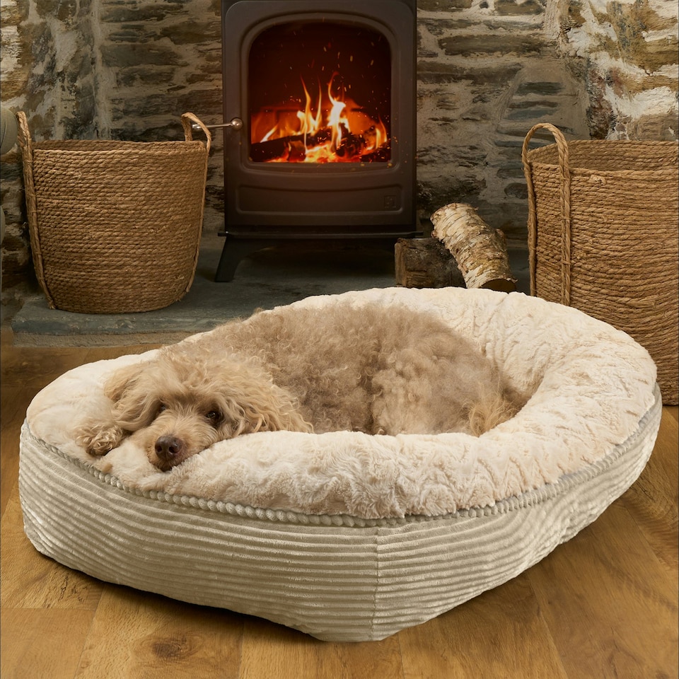 image 1 of OHS Pet Bed Cushion Dog Cat Ribbed Soft Plump Plush Cosy Fleece Large Cream | L
